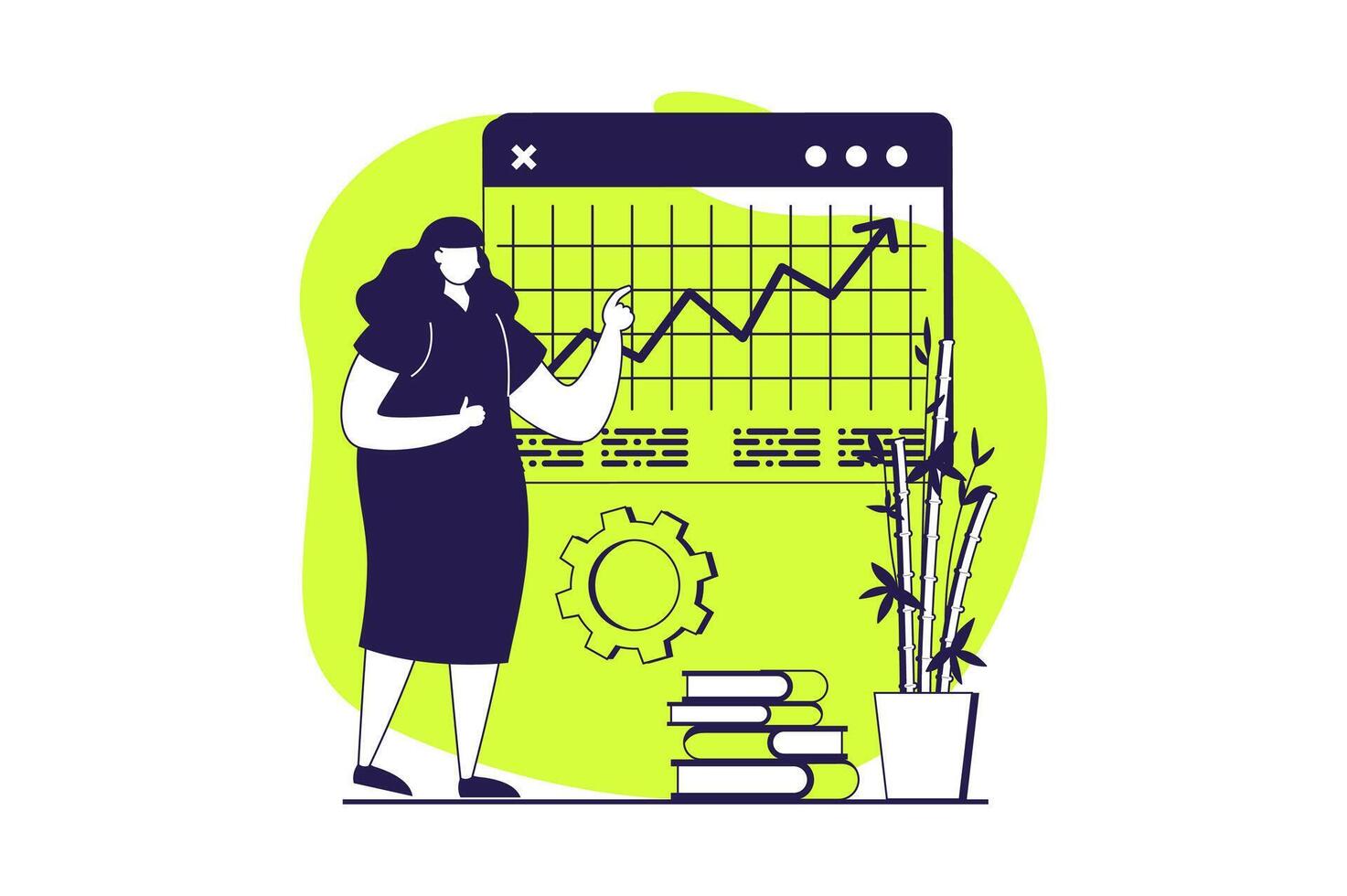 Business process web concept with flat people for website design. Businesswoman working with financial data with growth trend, making report at presentation, planning project. illustration. vector