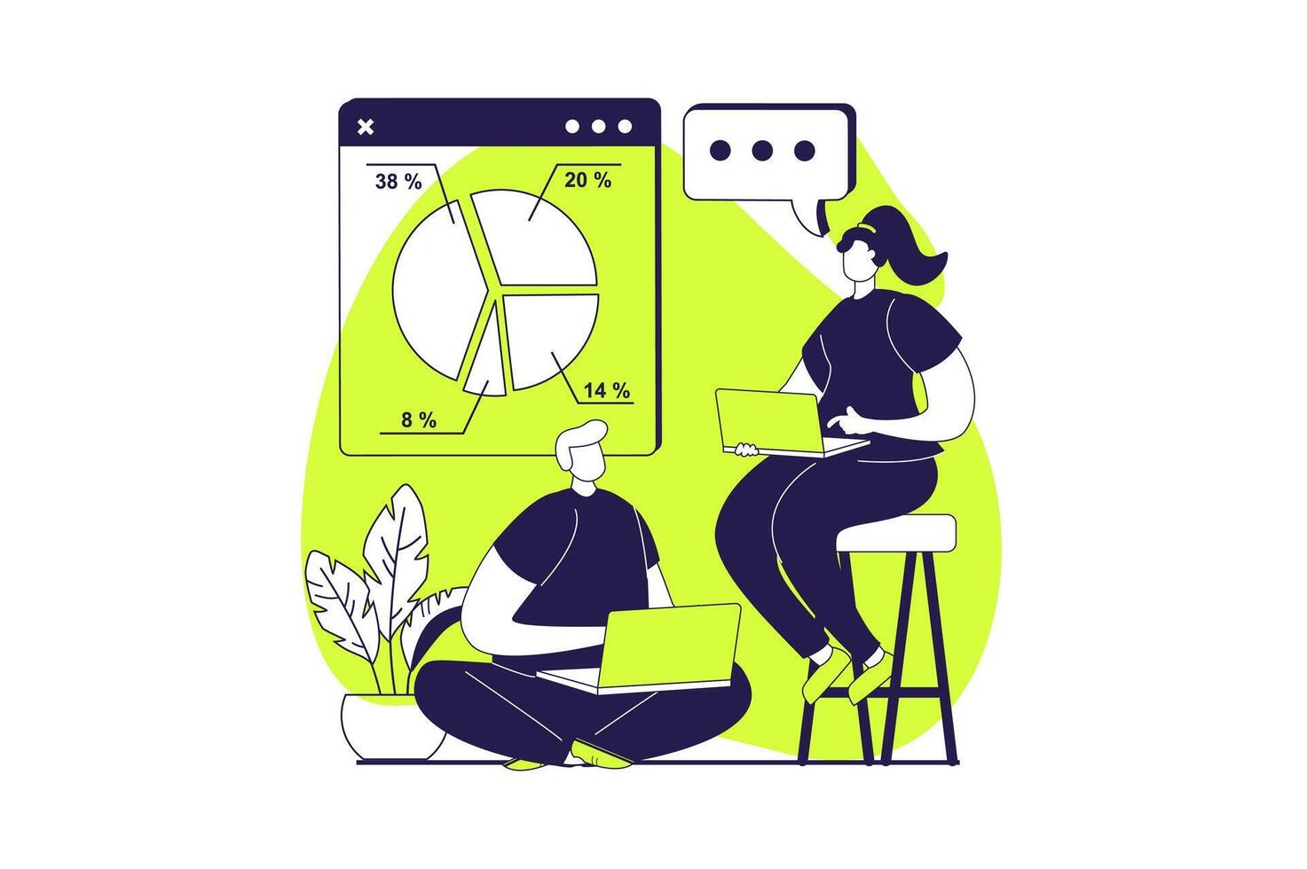 Business process web concept with flat people for website design. Businesswoman and businnessman analyzing diagram, making financial report, finding solutions, working in team. illustration. vector