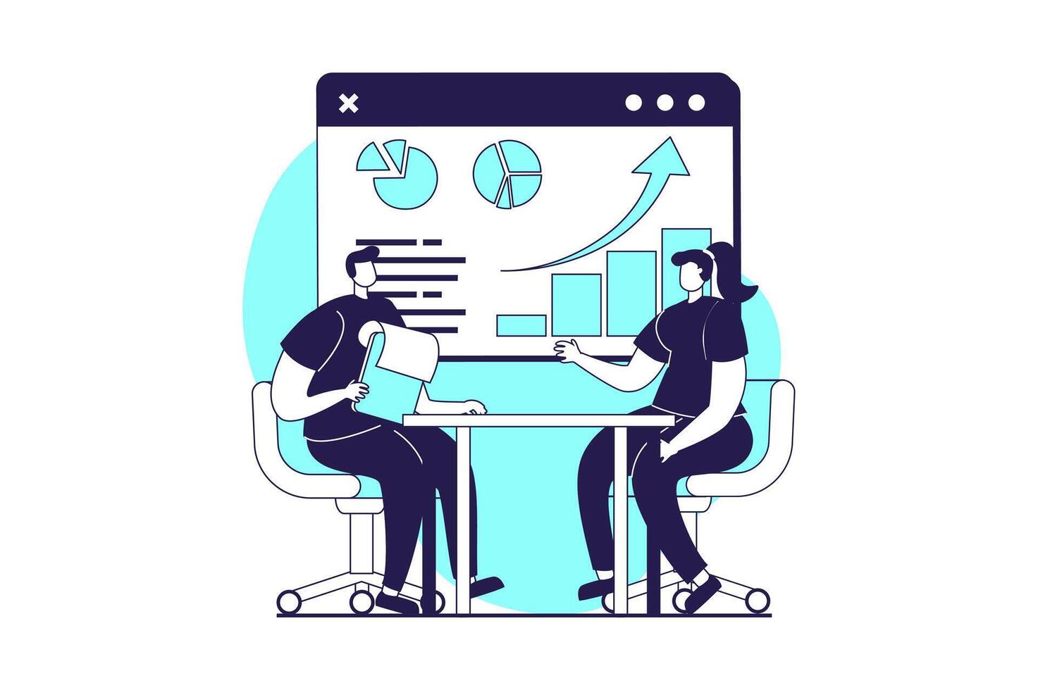 Business process web concept with flat people for website design. Businesswoman and businessman work in team, discussing financial data at presentation and making negotiation. illustration. vector