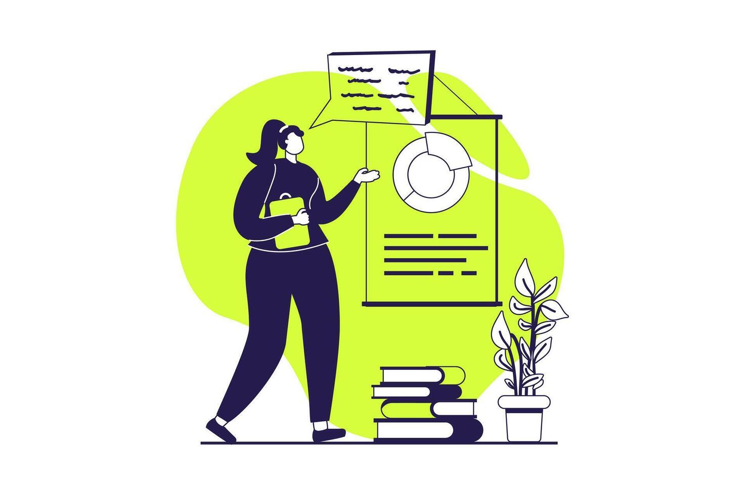 Business process web concept with flat people for website design. Businesswoman working with diagram at presentation, planning project, creating efficiency development strategy. illustration. vector