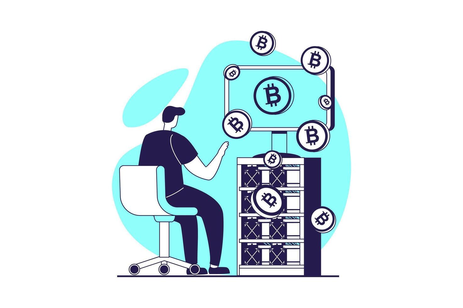 Cryptocurrency mining web concept with flat people for website design. Man working at crypto farm, making digital money and extracting coins for trading at virtual stocks. illustration. vector