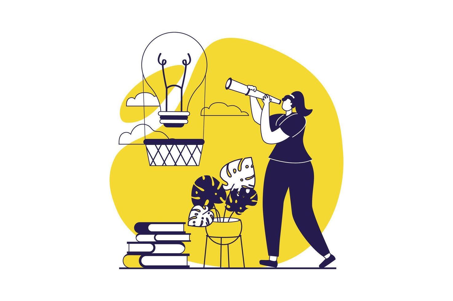 Finding ideas web concept with flat people for website design. Woman looking in telescope and making exploration, finding challenge decision, researching and searching solving. illustration. vector