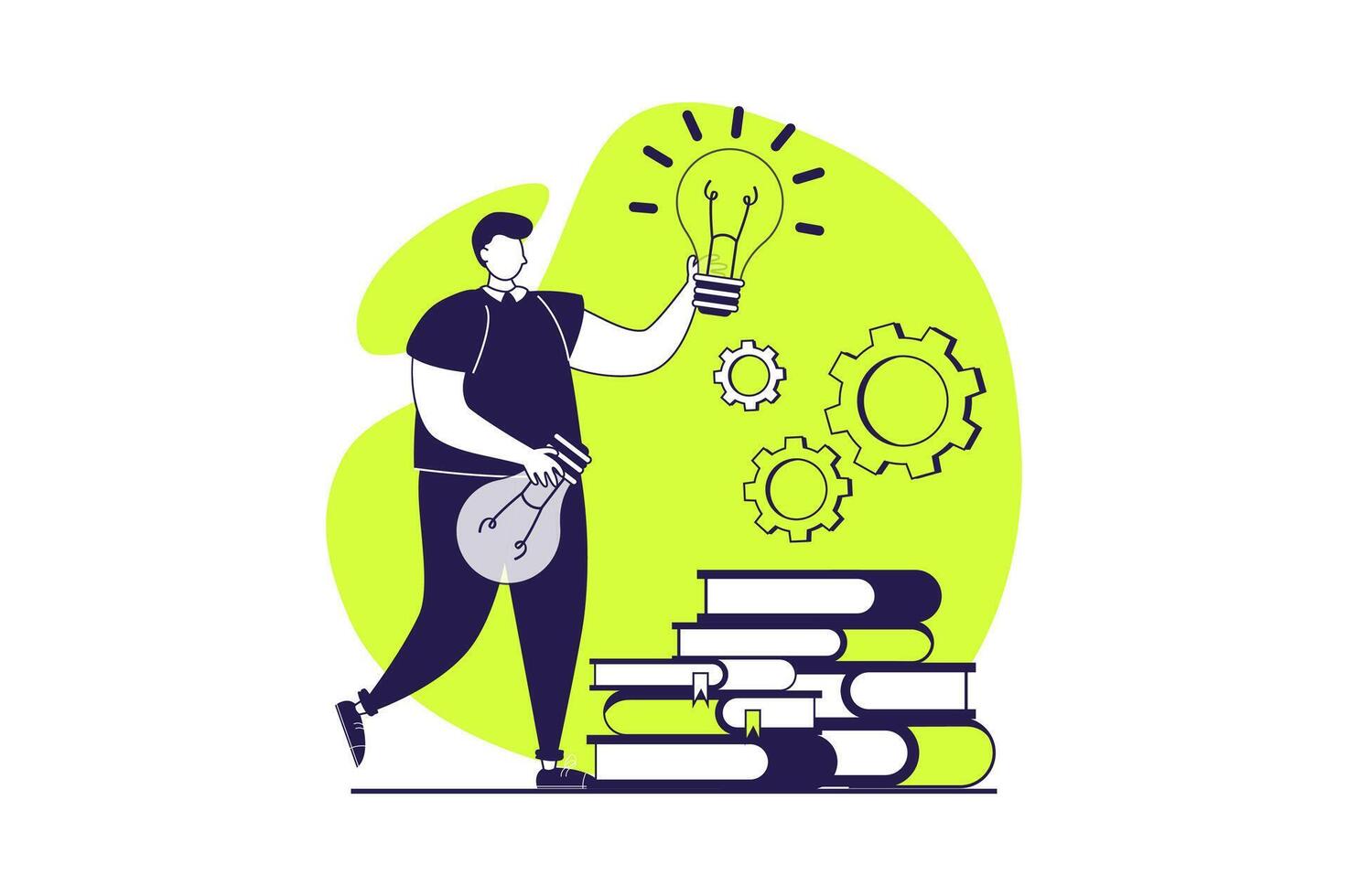 Finding ideas web concept with flat people for website design. Man making exploration and research, finding creative decision and improvement for challenge, searching solving. illustration. vector