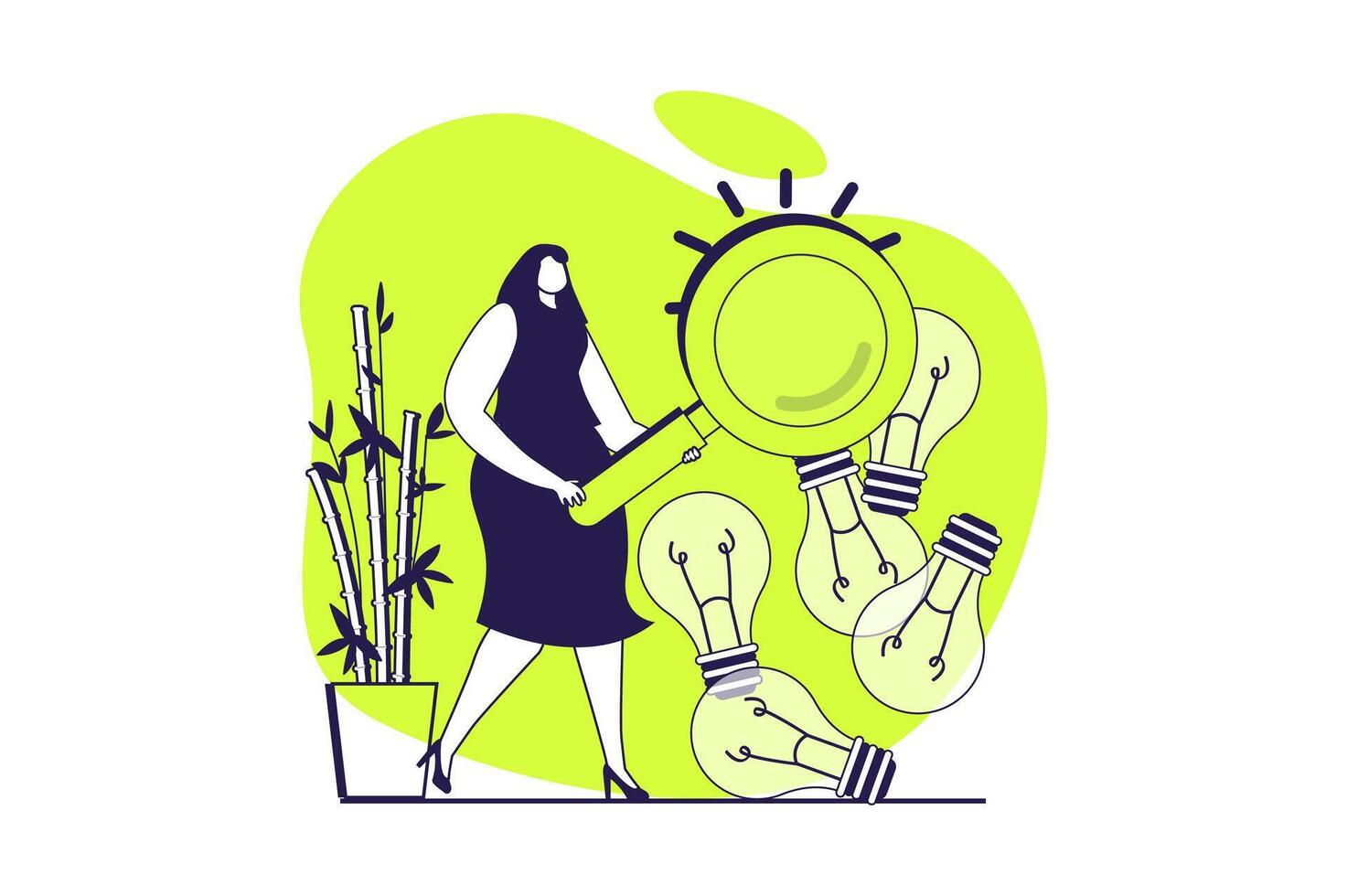 Finding ideas web concept with flat people for website design. Woman with magnifier making research, looking information and brainstorming, finding decisions and innovations. illustration. vector
