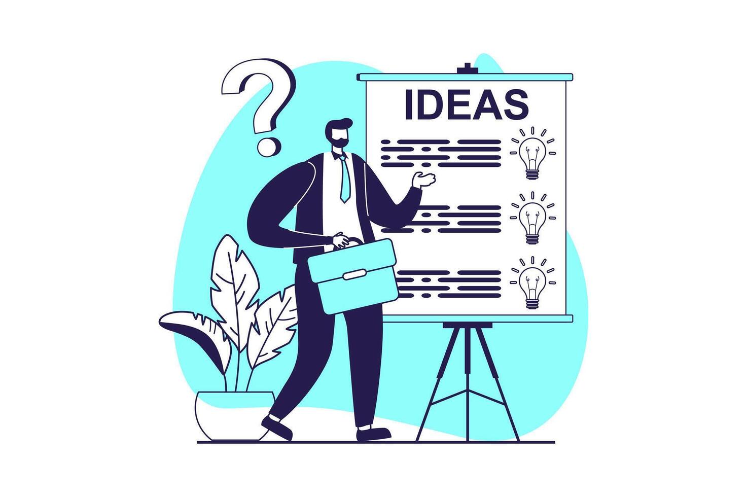 Finding ideas web concept with flat people for website design. Man making research and brainstorming, finding creative decision for marketing presentation, achieving goals. illustration. vector
