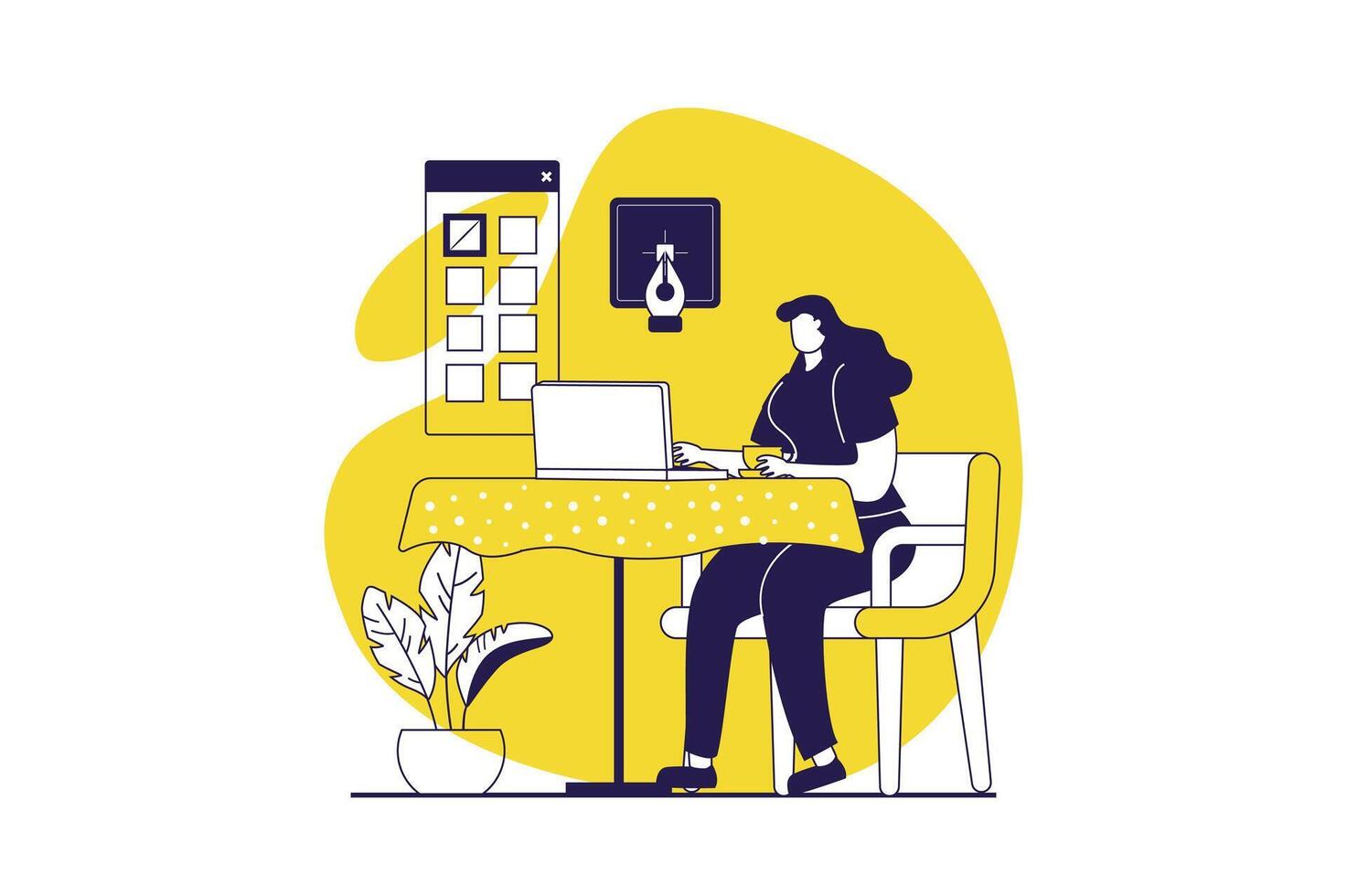 Freelance working web concept with flat people for website design. Woman works as designer and creating layouts, doing project tasks online from laptop while sitting cafe table. illustration. vector