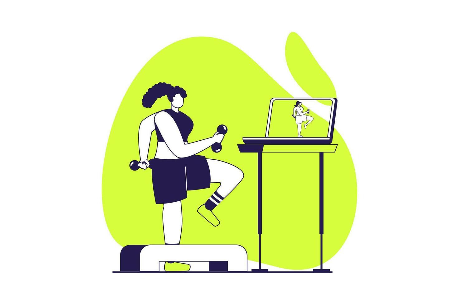 Fitness at gym web concept with flat people for website design. Woman training with dumbbells and lessons, doing exercises with strength program and online instructor. illustration. vector