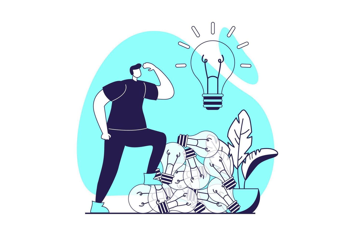 Finding ideas web concept with flat people for website design. Man thinking and brainstorming, solving problem and finding decisions, explorating information and getting insights. illustration. vector