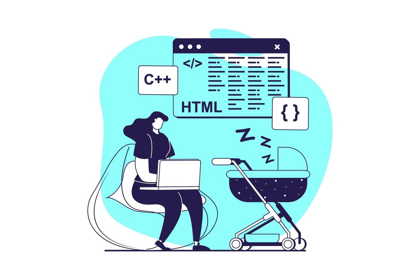 Freelance working web concept with flat people for website design. Woman programming and coding, young mother doing tasks online from laptop from home with newborn baby distantly. illustration. vector
