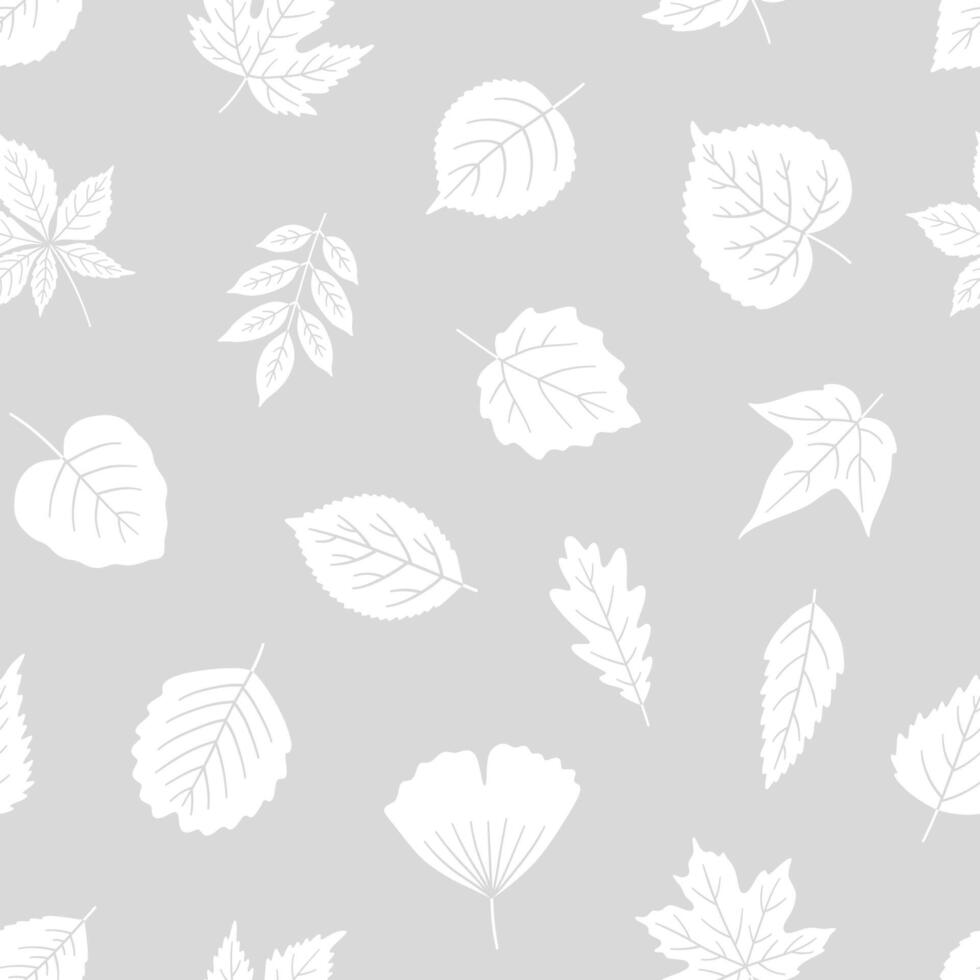 Seamless pattern with white silhouette leaves on gray background. Leaf of maple, linden, birch, chestnut, and others. Print for textile, package, and wrapping paper, illustration vector