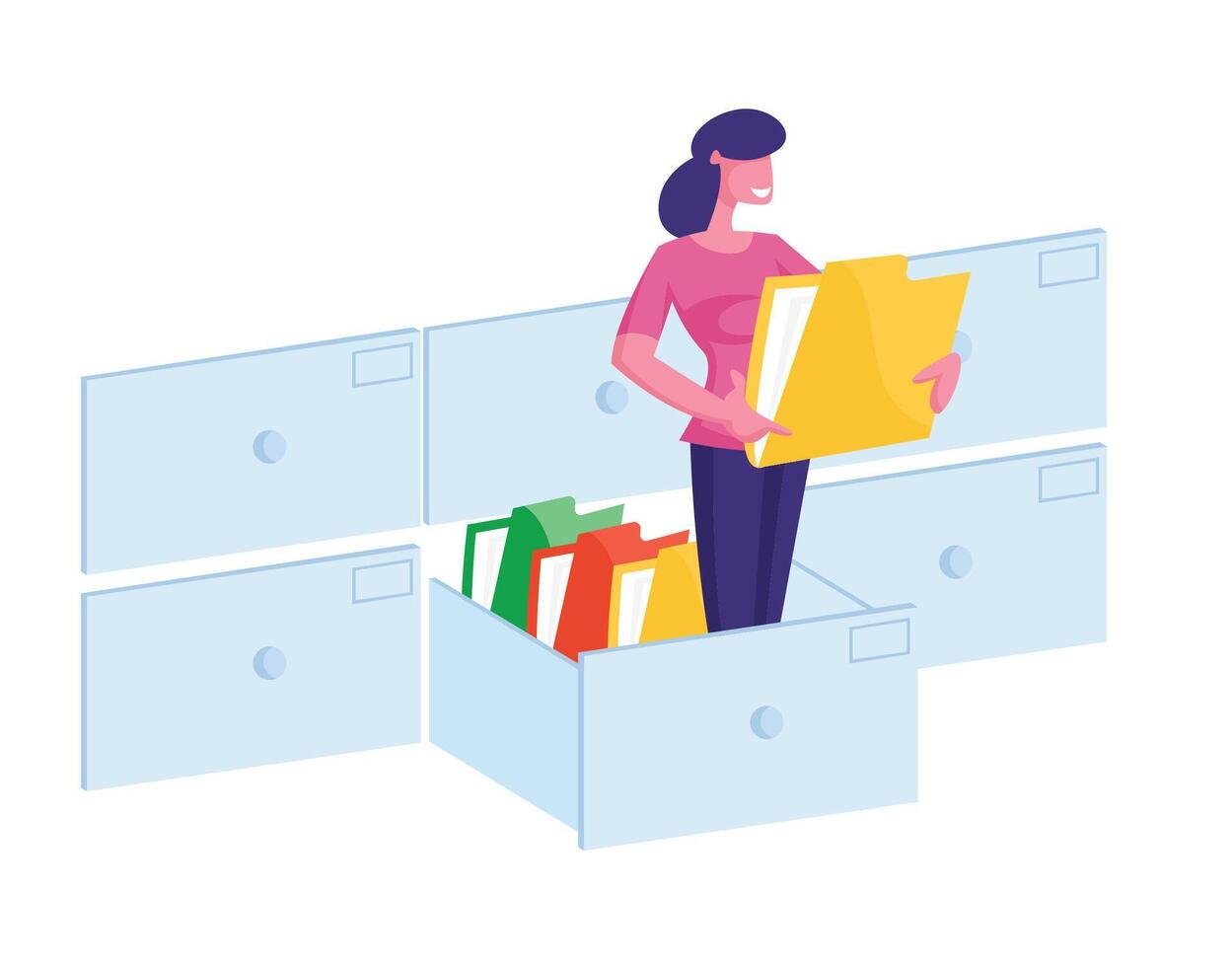 Document Management System, Information Database Catalog Concept. Business Woman Character Stand at Huge Data File Archive Storage Holding Folder with Paper Docs in Hands. Cartoon Illustration vector