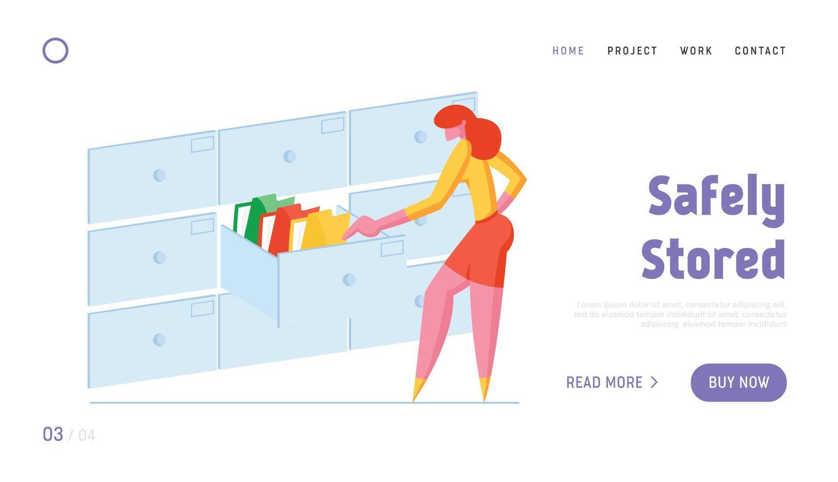Businesswoman Take Documents in Archive Storage Landing Page Template. Office Clerk Character Searching for Files In Filing Cabinet Drawer. Data Organization, Management. Cartoon Illustration vector