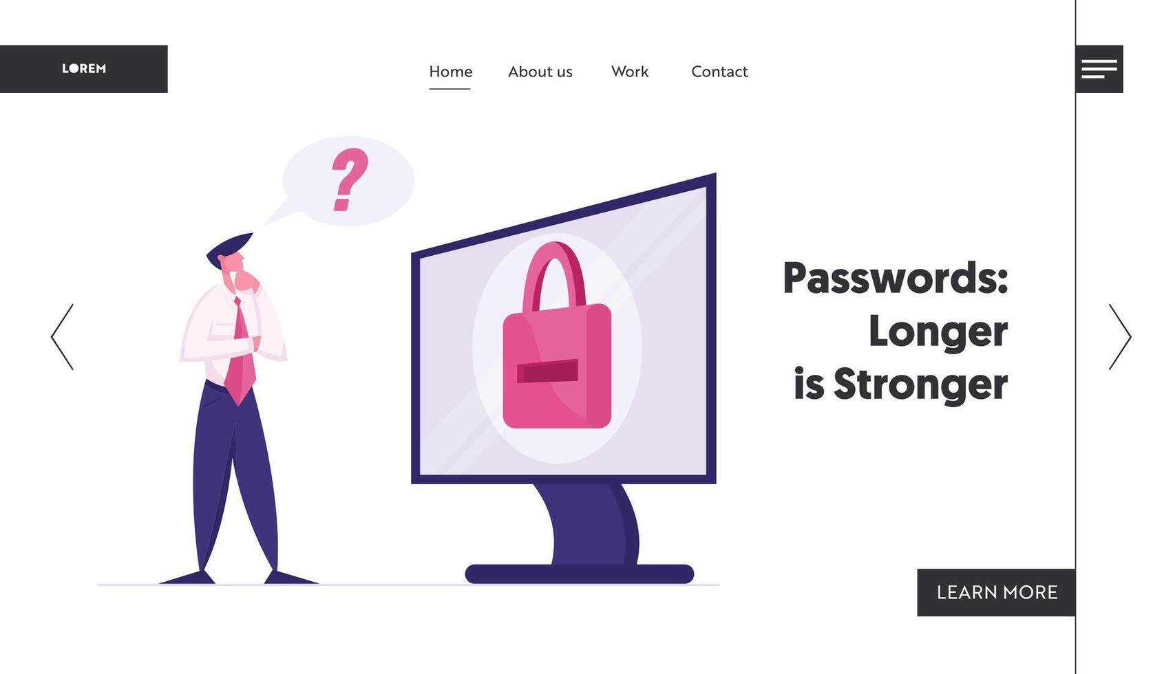 Web Security Landing Page Template. Business Man Character Trying to Log to his Computer. User Forgot Password, Male Character Stand at Huge Desktop with Padlock on Screen. Cartoon Illustration vector