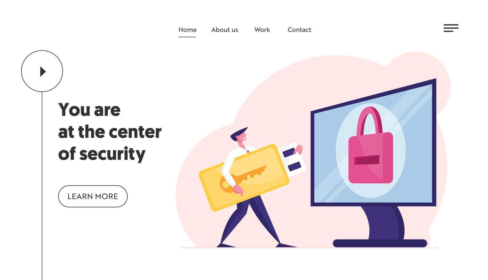 Web Security Landing Page Template. Business Man Character with Huge Electronic Key Stand at Computer Desktop with Padlock on Screen. Male Character Enter Account Password. Cartoon Illustration vector