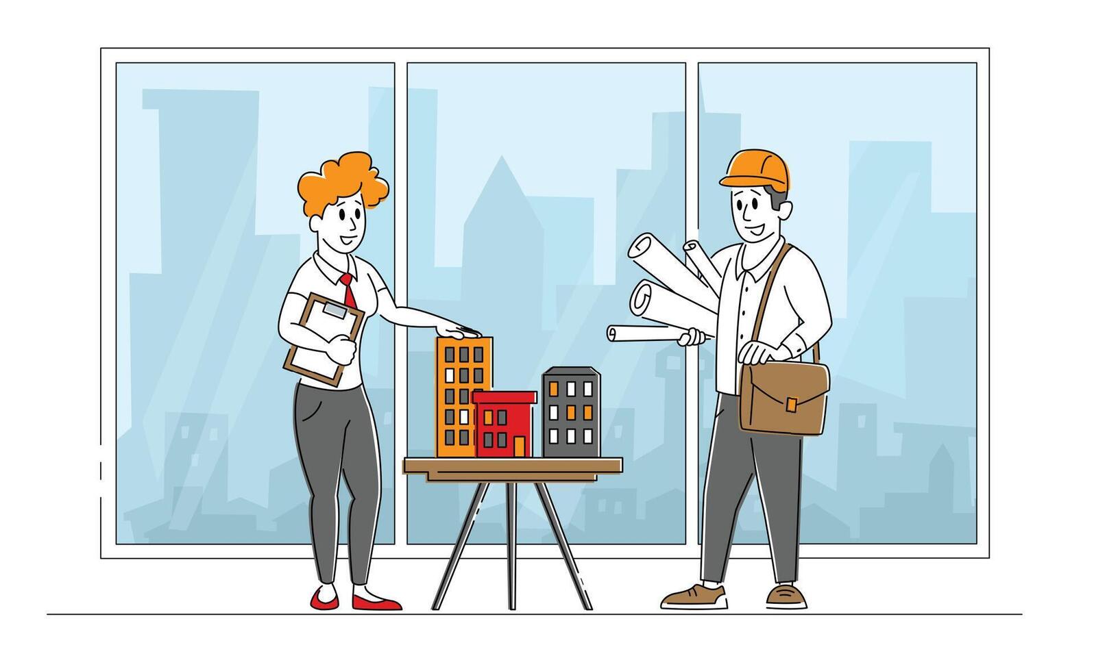 Architect Woman or Engineer Character Presenting Model of House Mock Up to Foreman. Building and Engineering Construction. Metropolis Architecture Design Projection. Linear People Illustration vector