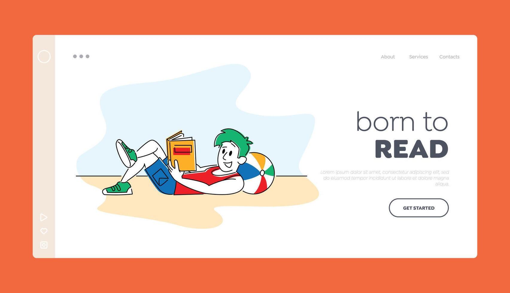 Reading Books Hobby Landing Page Template. Young Man Lying on Floor at Home or Beach Read Interesting Book. Deep Immersion to Fantasy World, Male Character Bookworm Reader. Linear Illustration vector