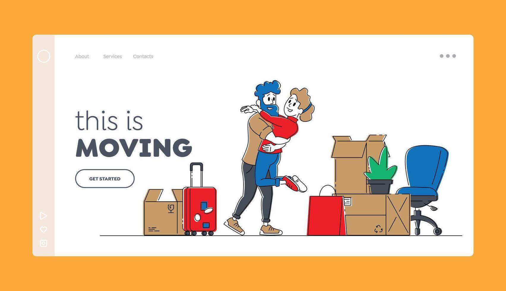 Pair Relocation and Moving to New House Landing Page Template. Young Loving Couple Characters Hugging and Dancing in New Home with Unpacked Cardboard Boxes around. Linear People Illustration vector