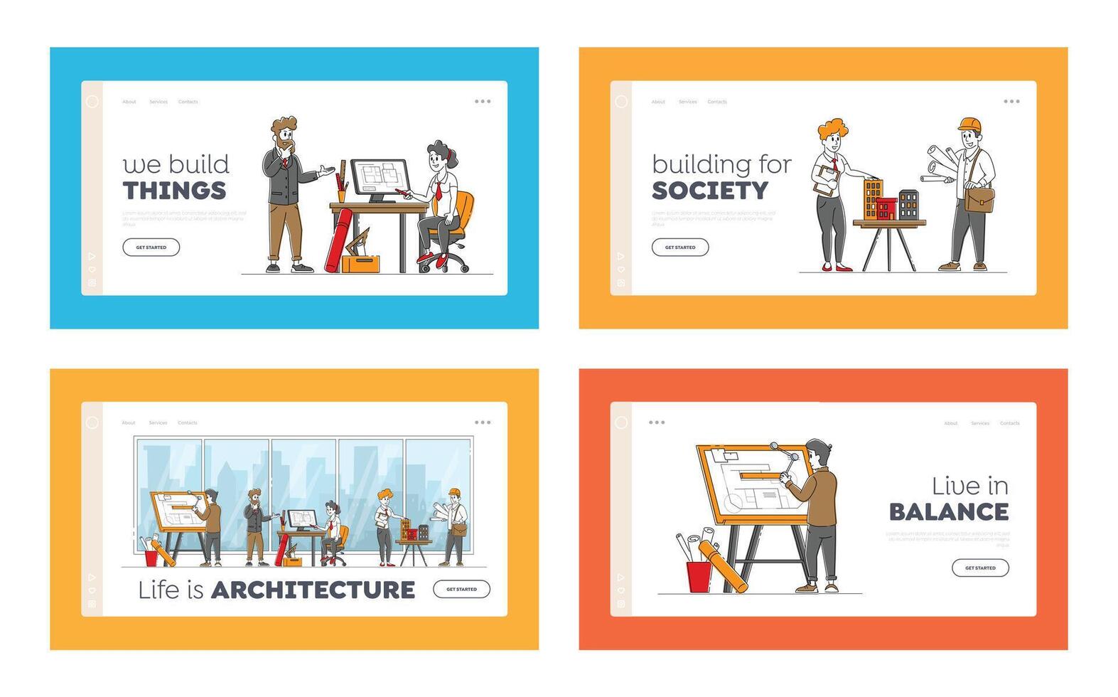 Architect and Engineer Occupation Landing Page Template Set. Designers Character Create Project for Building and Engineering Construction on Blueprint and Computer. Linear People Illustration vector