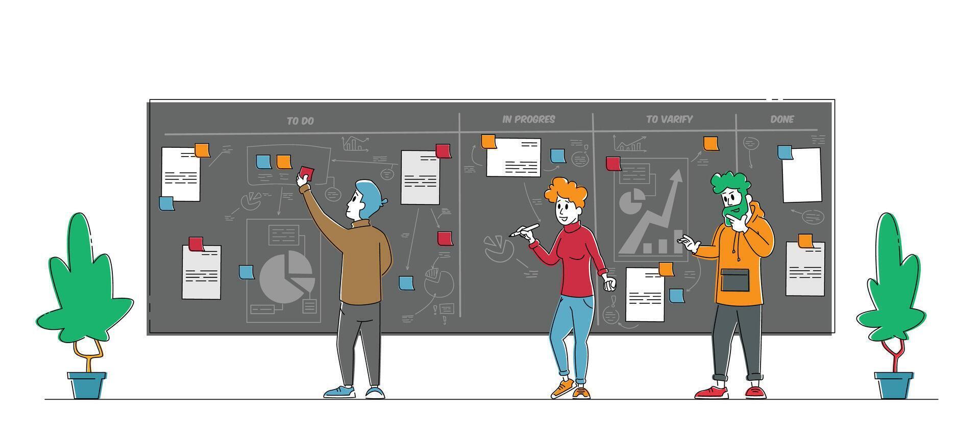 Business People Characters Working with Graphs at Scrum Board Develop Plan and Stick Notes on Workwall Create Strategy of Project Management at Task Board. Goal Achievement. Linear Illustration vector