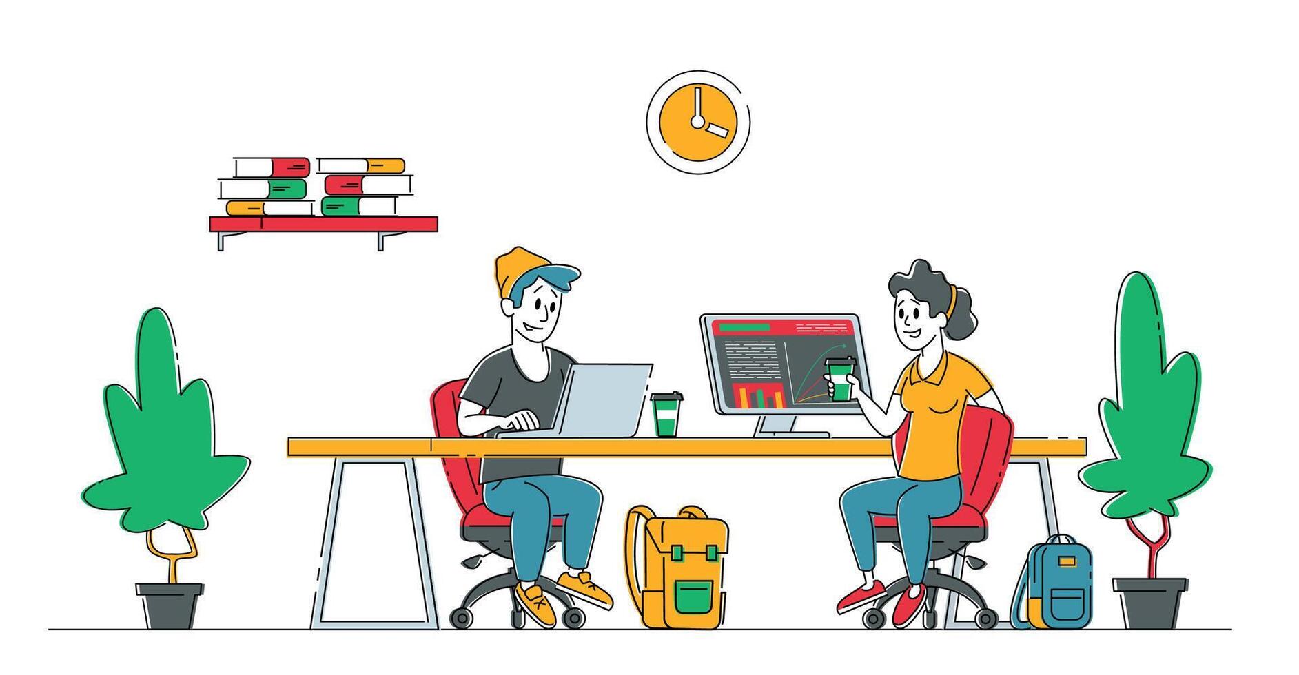 Teamwork and Partnership Concept. Creative People Characters in Office Working Together with Laptop and Computer Pc. Successful Team in Coworking Space Developing Project. Linear Illustration vector