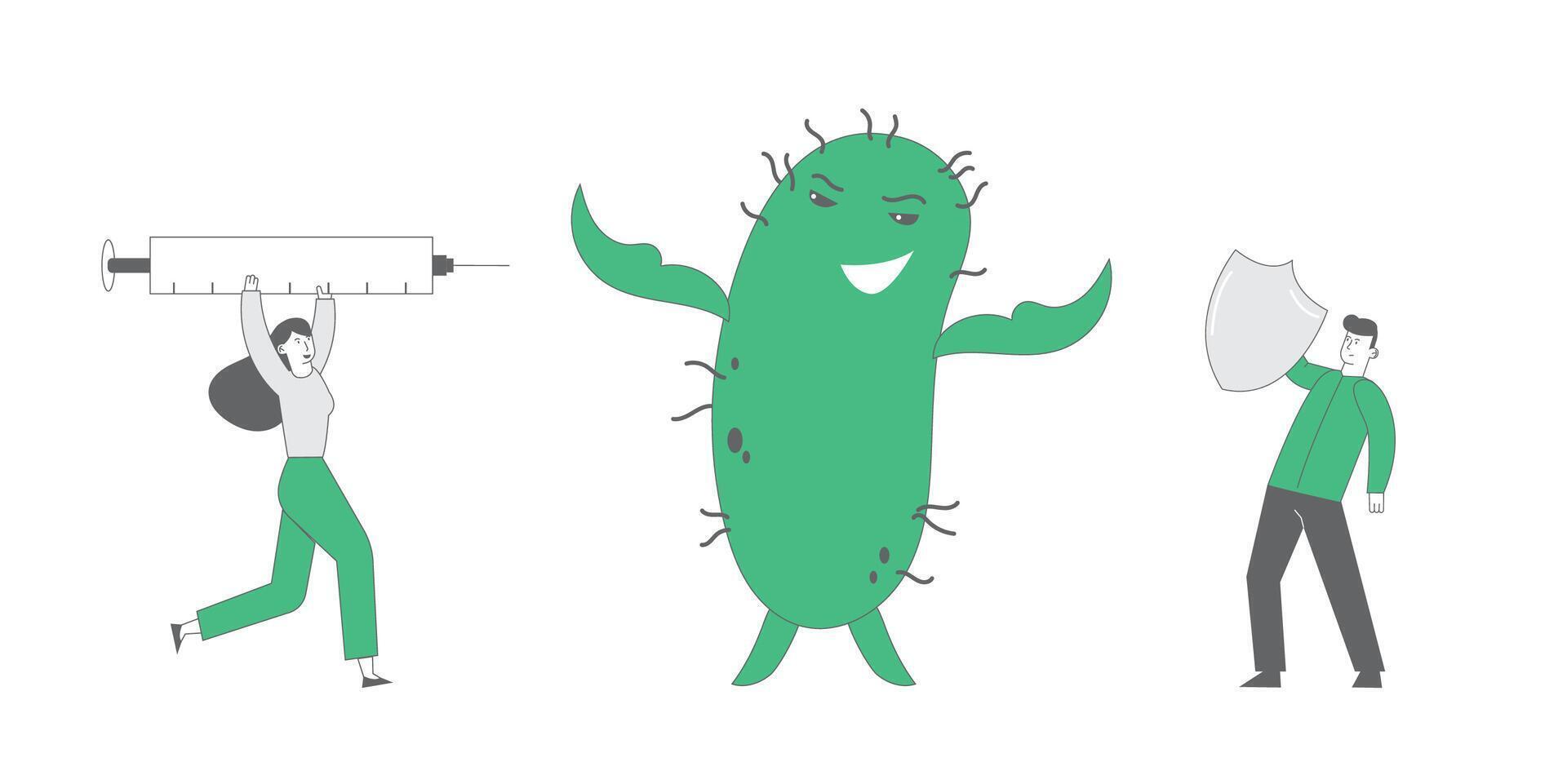 Epidemic Disease and Vaccination Concept. Huge Green Microbe Character Fighting with People Attacking with Medicine in Syringe and Protecting with Shield from Bacterium. Linear Illustration vector