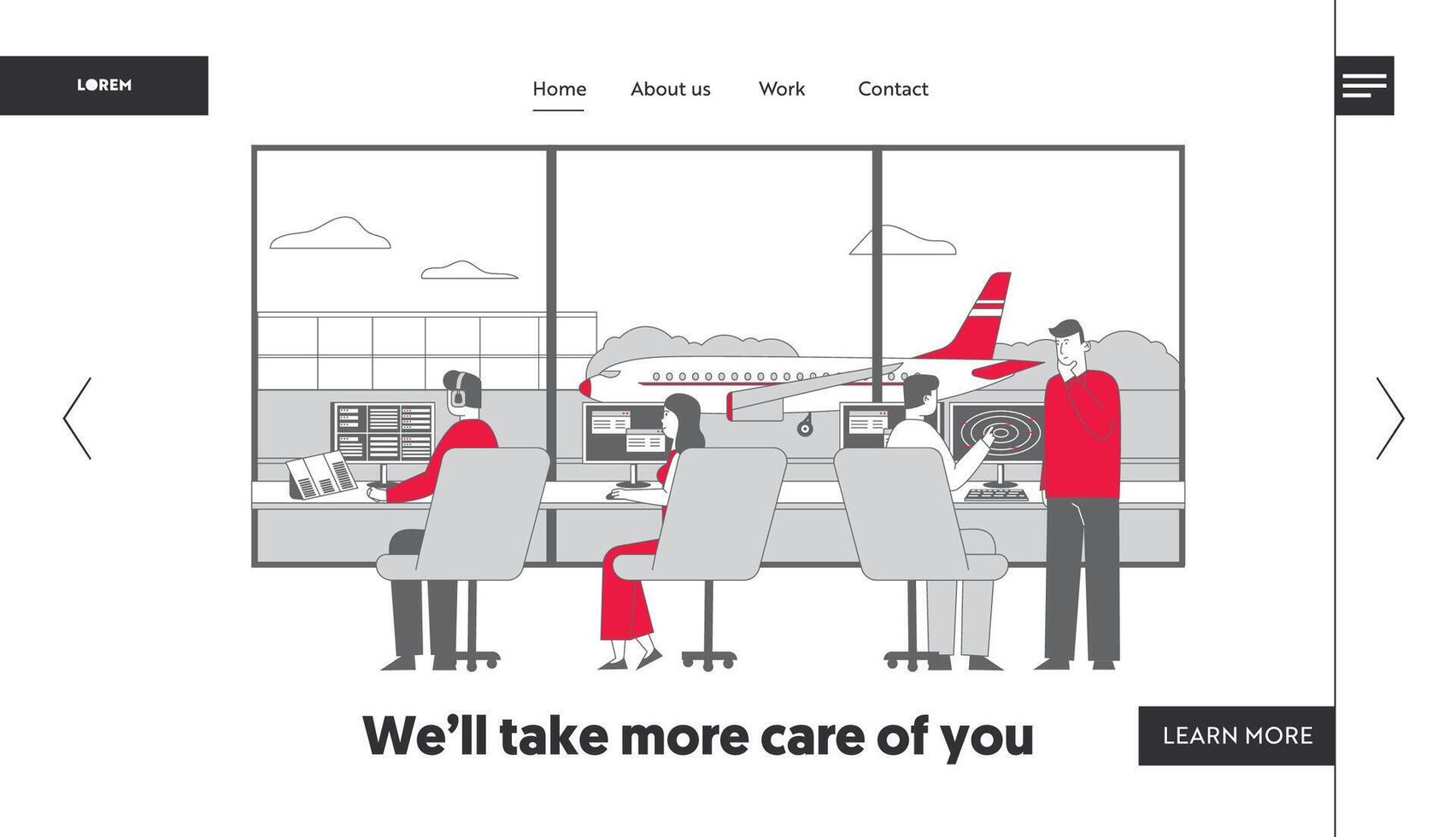 Air Controller Team Working with Plane on Runway Landing Page Template. Characters Wearing Headset Sitting in Special Area with Radar and Monitors Control Airplanes. Linear People Illustration vector