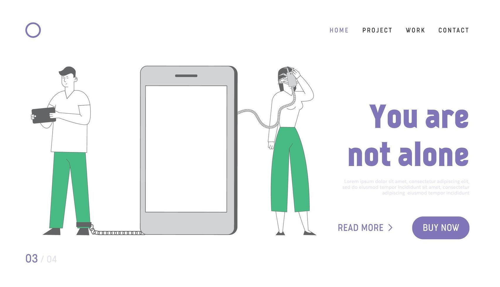 People with Gadget, Internet, Social Network Addiction Landing Page Template. Woman with Smartphone on Face, Man with Tablet Tied with Metal Chain. Characters Dependency. Linear Illustration vector