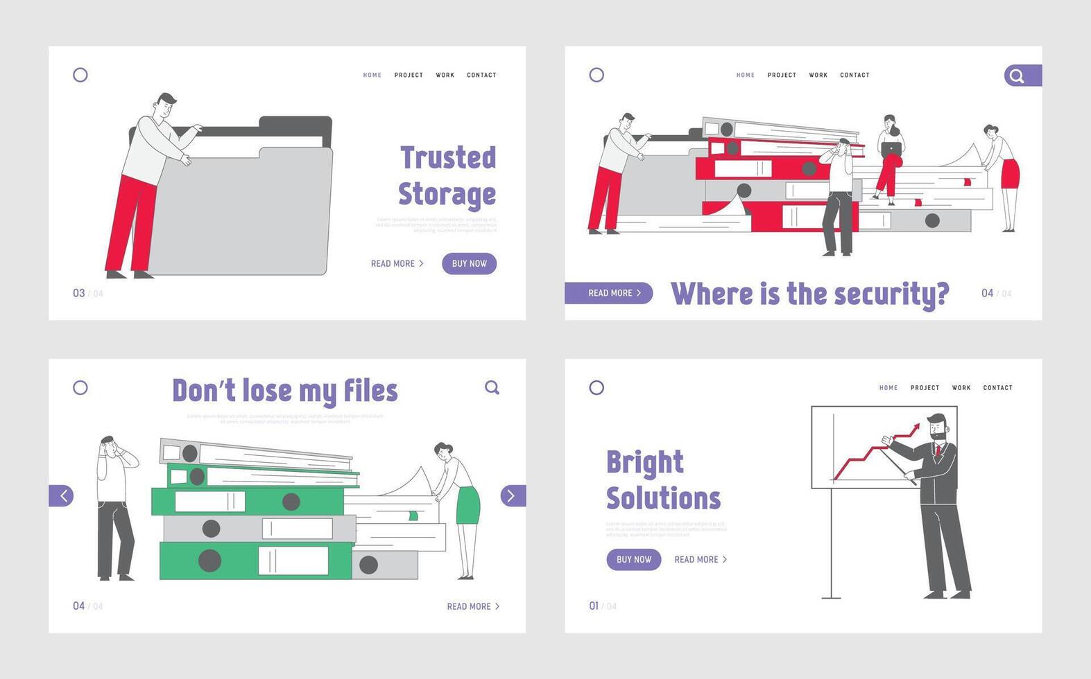 People Working with Documents, Business Presentation Landing Page Template Set. Office Workers Characters with Huge Heap of Paper Docs, Trainer Explain Finance Strategy. Linear Illustration vector