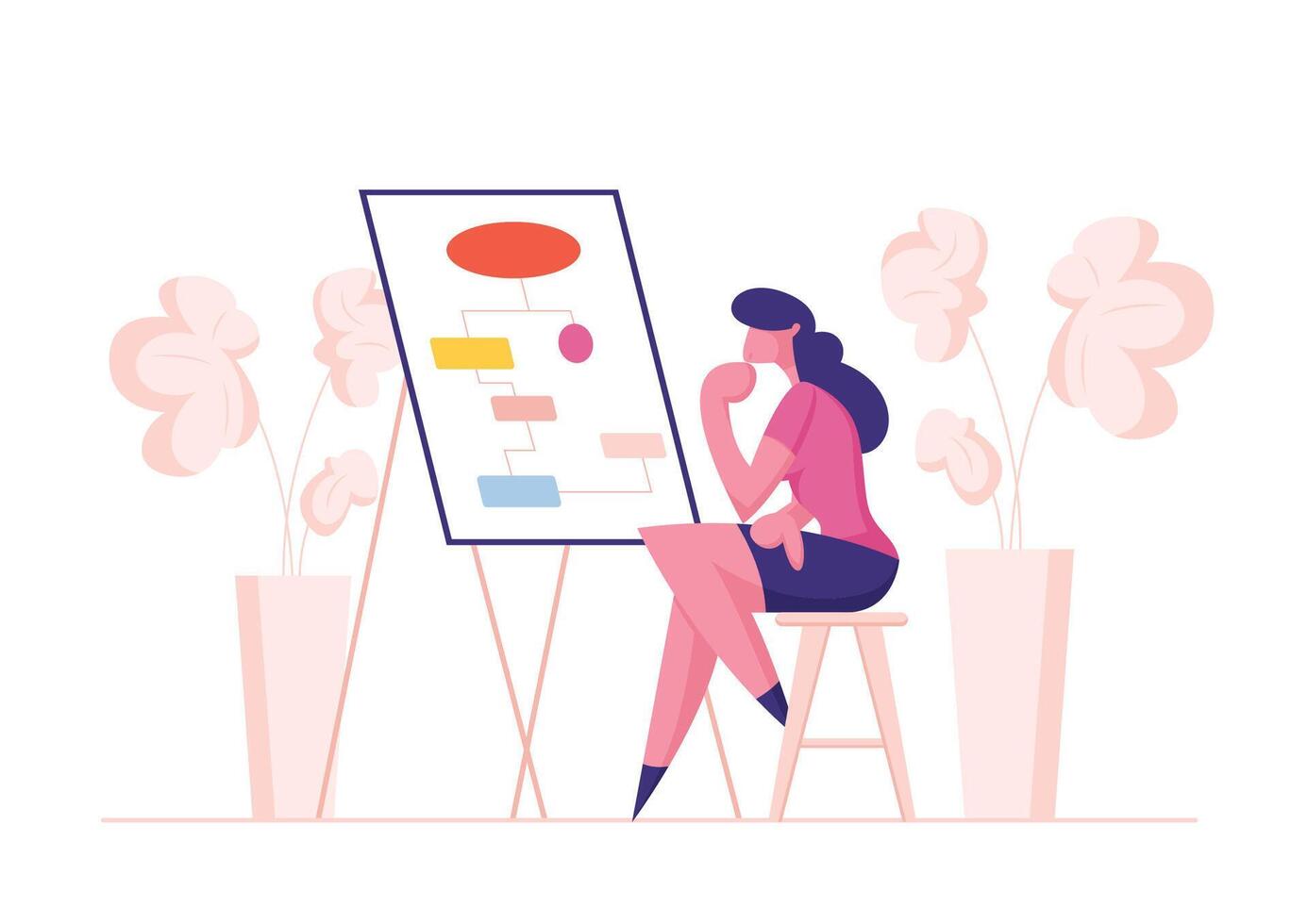 Business Process and Workflow Algorithm Concept. Businesswoman Character Drawing and Studying Flowcharts on Chalkboard to Realize Interconnection of Individual Elements . Cartoon Illustration vector