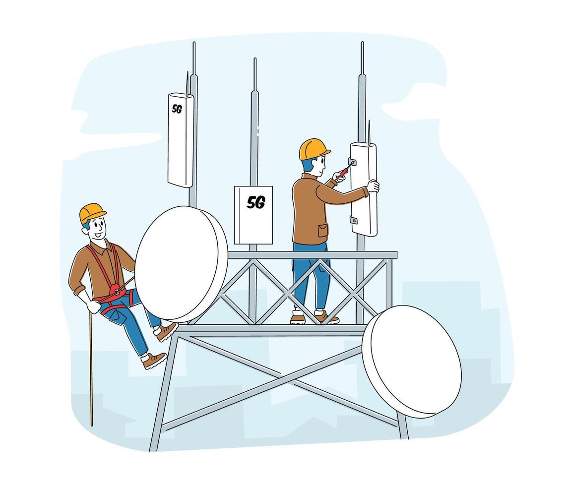 Workers Character Wearing Uniform and Hard Hats Installing Equipment for 5G Internet on Transmission Telecommunication Tower. High-speed Communication Technologies. Linear People Illustration vector