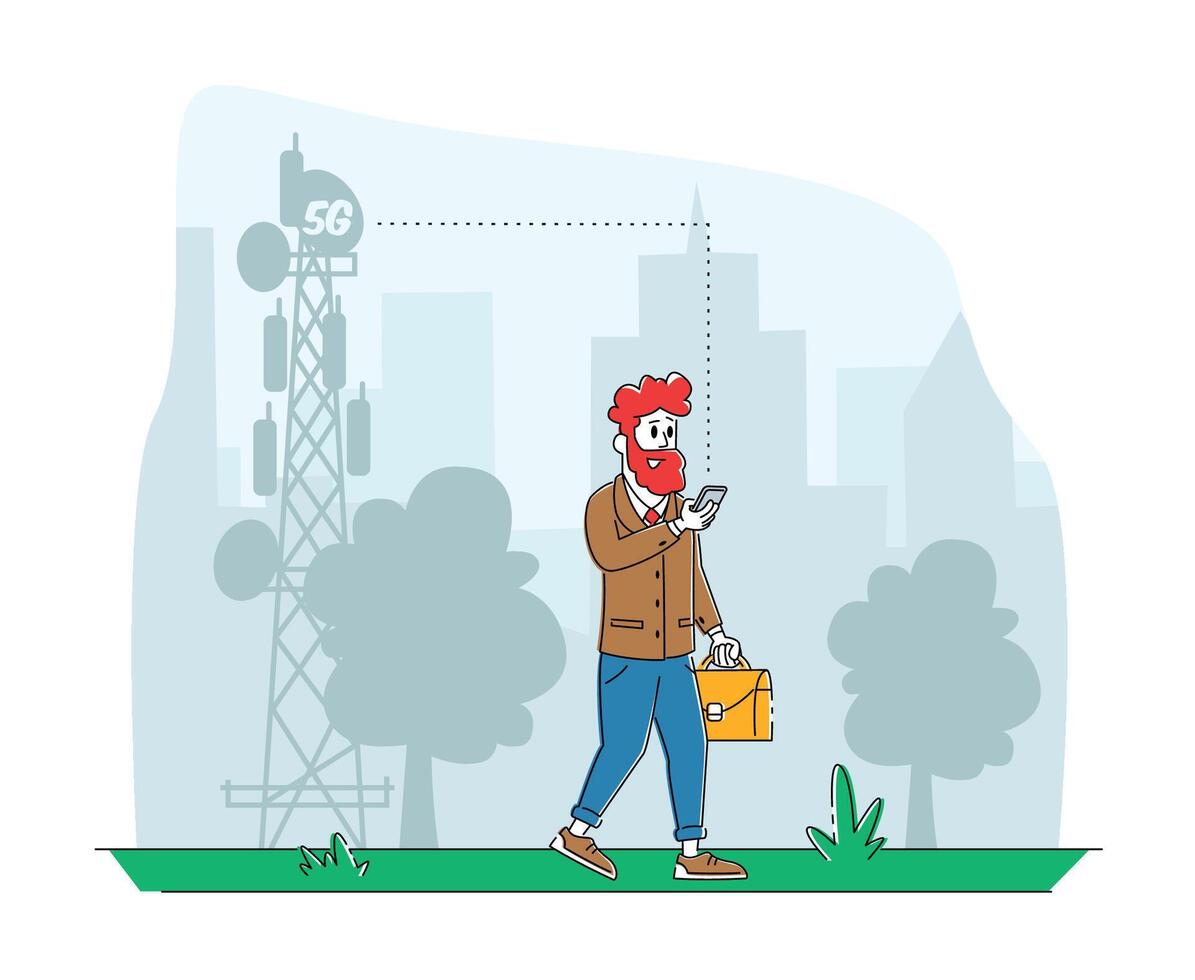 Man Character with Mobile Phone Pass by Transmission Tower Using 5G Internet for Chatting Texting in Social Networks. Communication Services for Gadgets, Smart Technologies. Linear Illustration vector