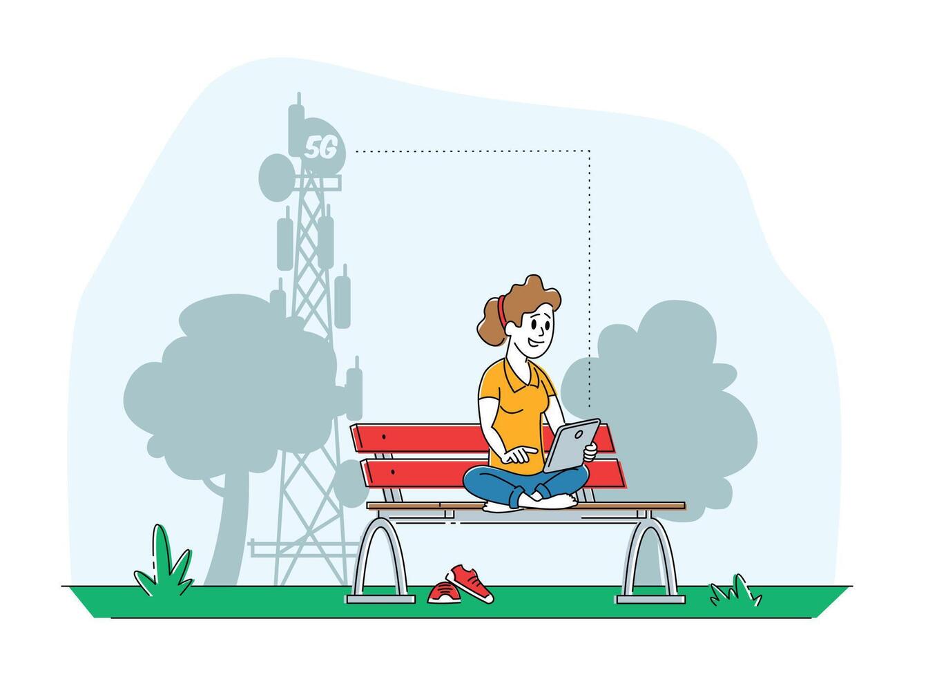 Social Media Networking Technology. Young Woman Character Sitting on Bench with Tablet in Hands Communicating Online and Watching HD Tv Programs Use High-speed 5G Internet. Linear Illustration vector