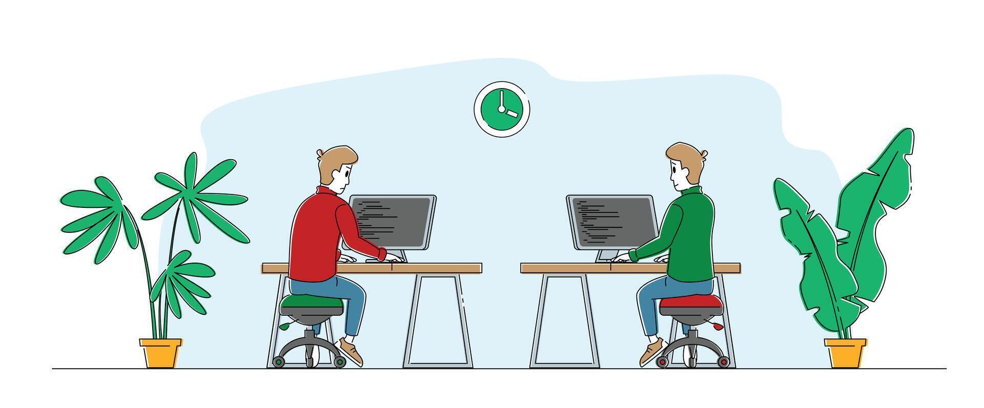 técnico solicitud software desarrollo trabajar. hombres programadores o codificadores caracteres trabajando a nuevo web sitio página en línea proyecto css html codificación y programación. lineal personas ilustración vector