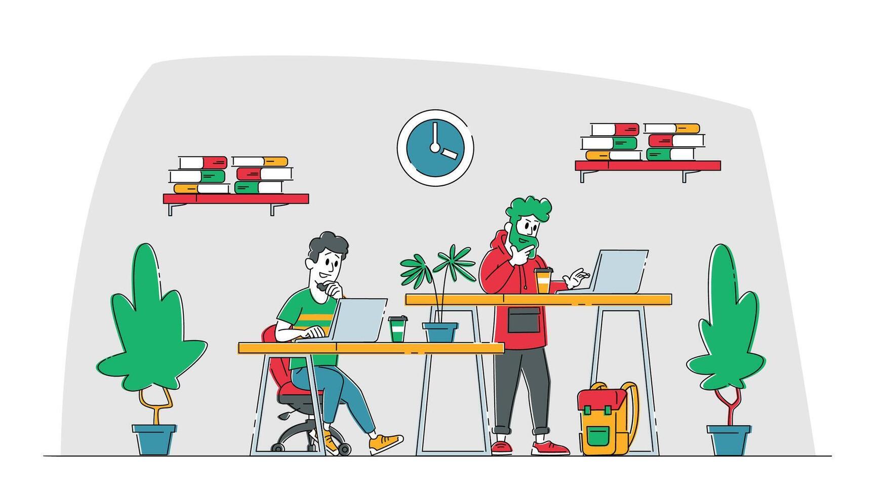 Creative Team Characters Make Site or Web Interface Project. Website Designer and Programmer Developer Meeting in Coworking Area. Wireframe Develop, Office Teamwork. Linear People Illustration vector