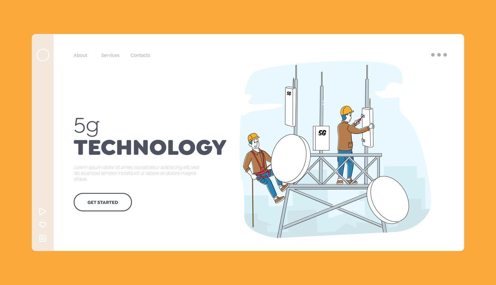 5G Internet Landing Page Template. Workers Character in Uniform Installing Equipment for Transmission Telecommunication Tower. High-speed Communication Technologies. Linear People Illustration vector