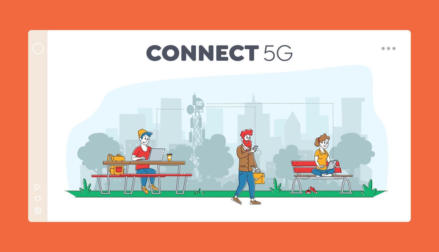 5g Network Wireless Technology Landing Page Template. People at Transmission Tower Using High-speed Mobile Internet at Modern Digital Devices Characters with Gadgets. Linear Illustration vector
