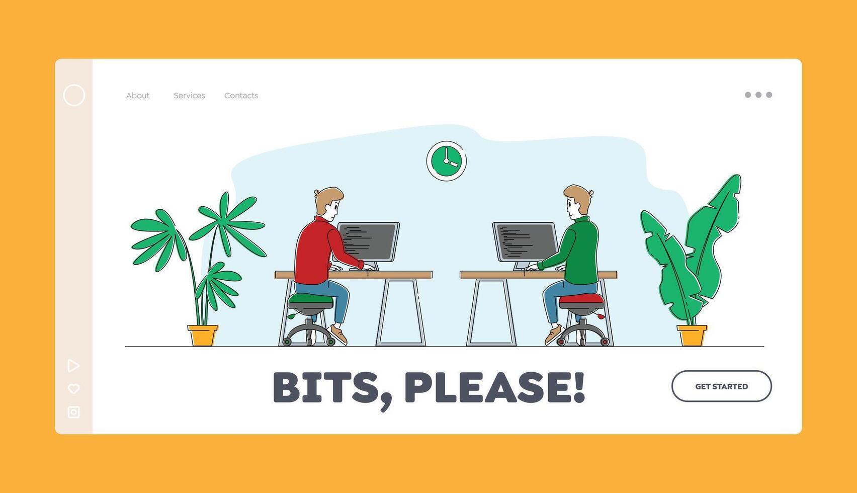 técnico solicitud software desarrollo trabajo aterrizaje página modelo. hombres programadores o codificadores caracteres trabajando a nuevo web sitio css html codificación y programación. lineal personas ilustración vector
