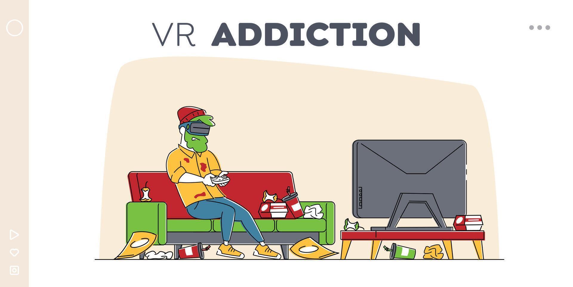 Gaming Addiction, Virtual Reality Simulation Hobby Landing Page Template. Man Gamer Character Playing Game in VR Goggles with Messy Garbage around, Entertainment. Linear Illustration vector