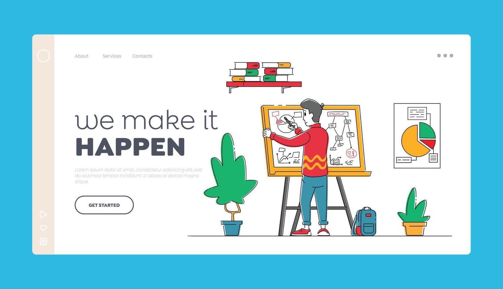 Brainstorm, Idea Development Scheme Landing Page Template. Businessman Character Stand Front of White Board Drawing Business Plan Strategy and Tactics Theory in Office. Linear Illustration vector