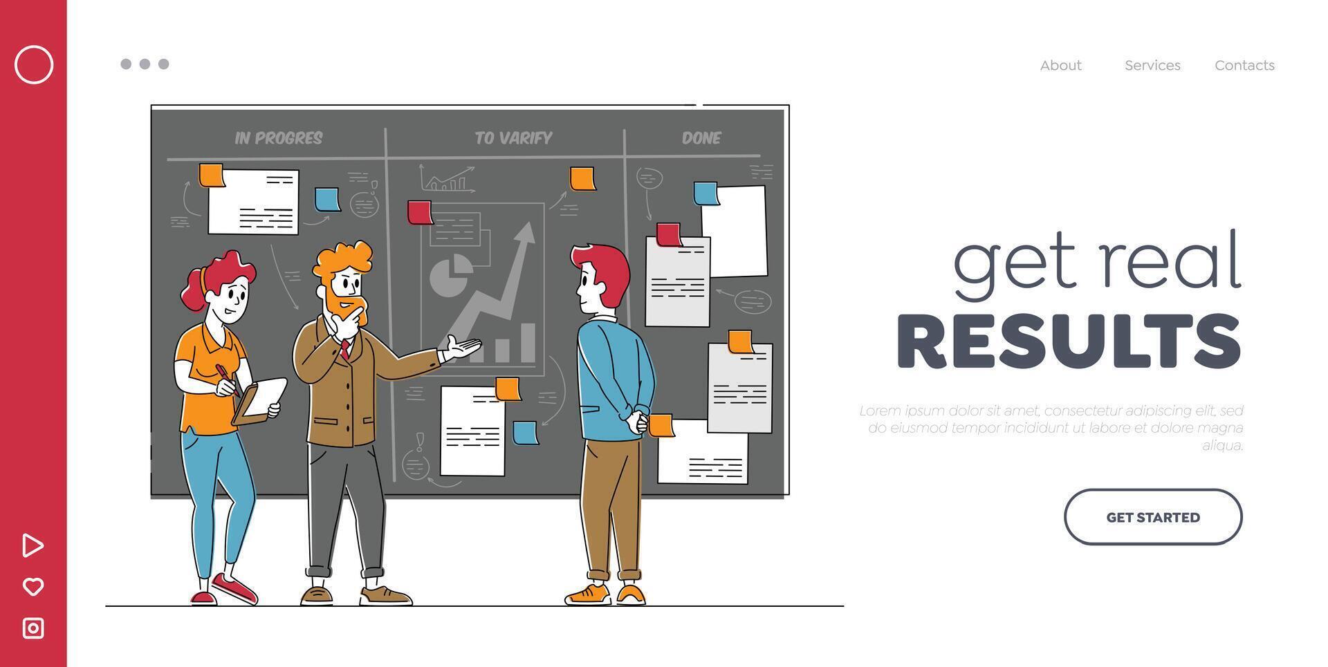 Teamwork on Project Using Agile Development Technology Landing Page Template. Business People Characters Discussing Strategic Plan of Business Processes at Scrum Task Board. Linear Illustration vector