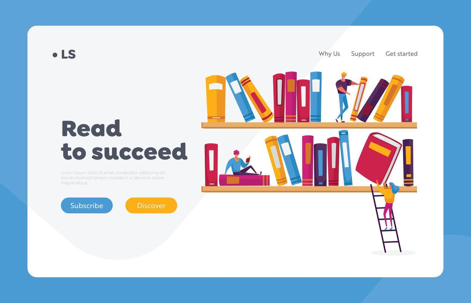 Reading and Education, Media Archive Landing Page Template. People Read and Study, Students Prepare for Exam, Gaining Knowledges. Tiny Characters on Shelf with Huge Books. Cartoon Illustration vector