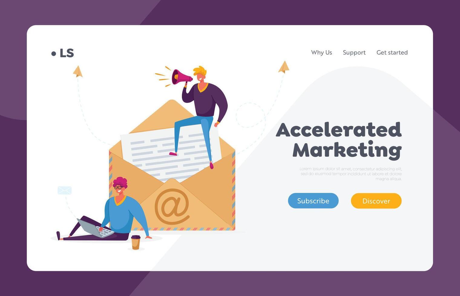 People Writing and E-mail Letter Landing Page Template. Tiny Characters with Laptop and Loudspeaker Stand at Huge Envelope with Et Symbol and Paper inside. Electronic Mail. Cartoon Illustration vector