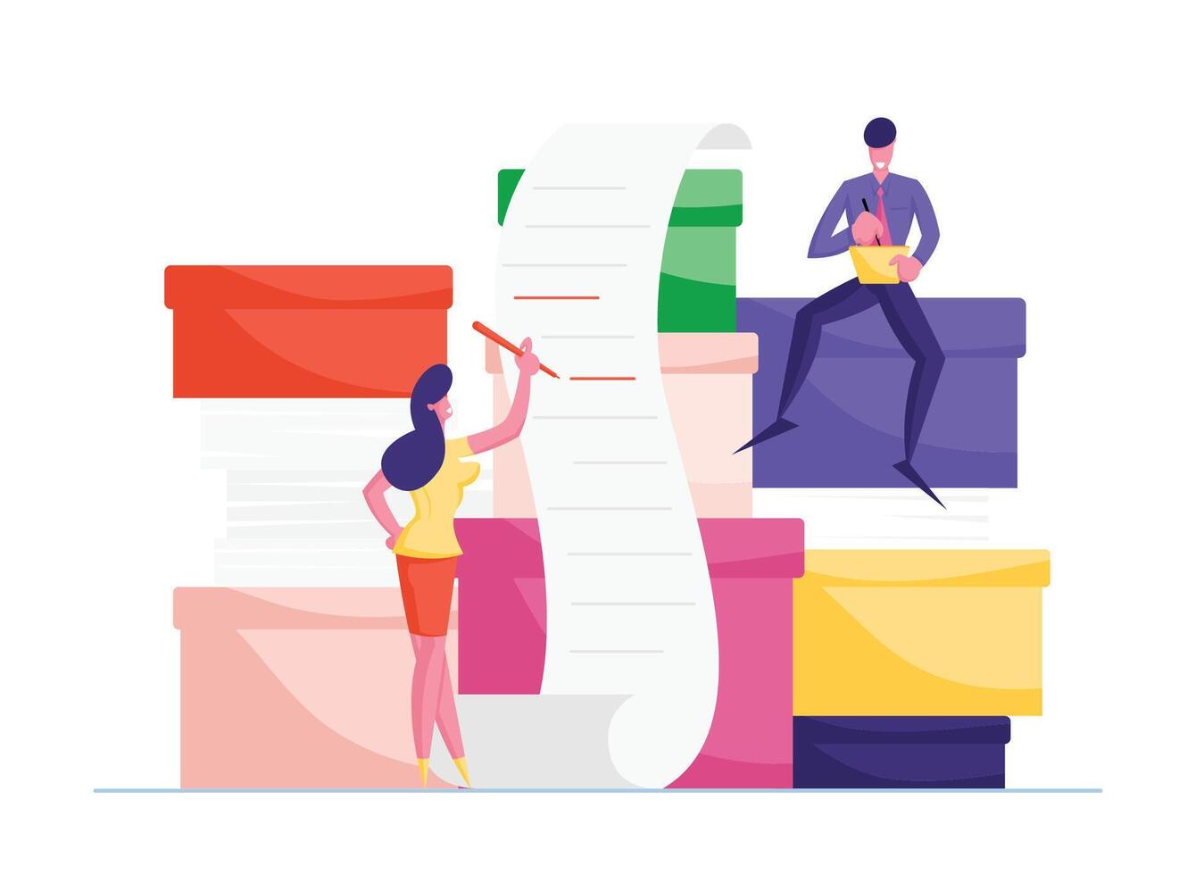 Office Employee Characters Overload at Work with Docs. Man Sitting on Huge Steak of Documents Folders. Woman Writing Tasks on Paper. Bureaucracy, Managers Workplace. Cartoon People Illustration vector