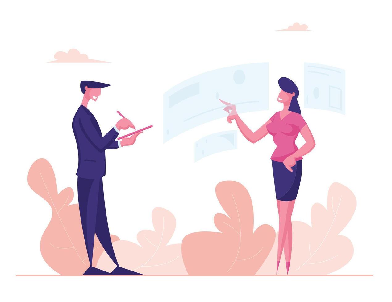 Virtual Augmented Reality Concept. Female Character Touching Interactive Interface for Working or Searching Data Man Writing. Futuristic Vr Technologies in Business. Cartoon People Illustration vector