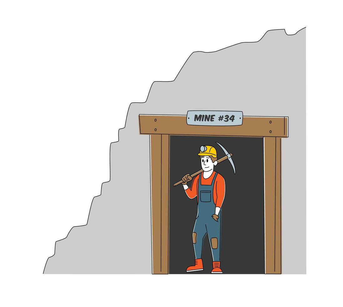 Mineworker in Uniform and Helmet Exit Coal Mine Quarry Holding Pickaxe on Shoulder. Male Miner Character at Work. Extraction Industry Profession, Working Occupation. Linear Illustration vector