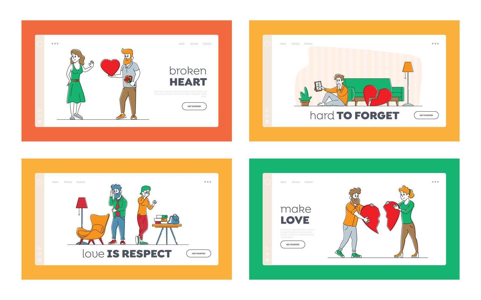 Lovers in End of Loving Relations Landing Page Template Set. Couple Characters with Broken Heart Blaming Each Other, Feel Great Sorrow. Disagreement and Parting. Linear People Illustration vector