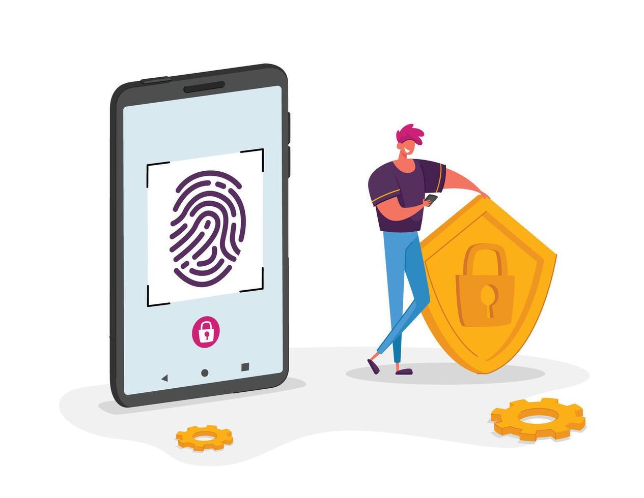 Cyber Security Concept. Man Character Stand at Huge Mobile Phone Holding Shield with Lock Symbol in Hands, Touch Screen for Finger Scan. Biometric ID Fingerprint Scanning. Cartoon Illustration vector