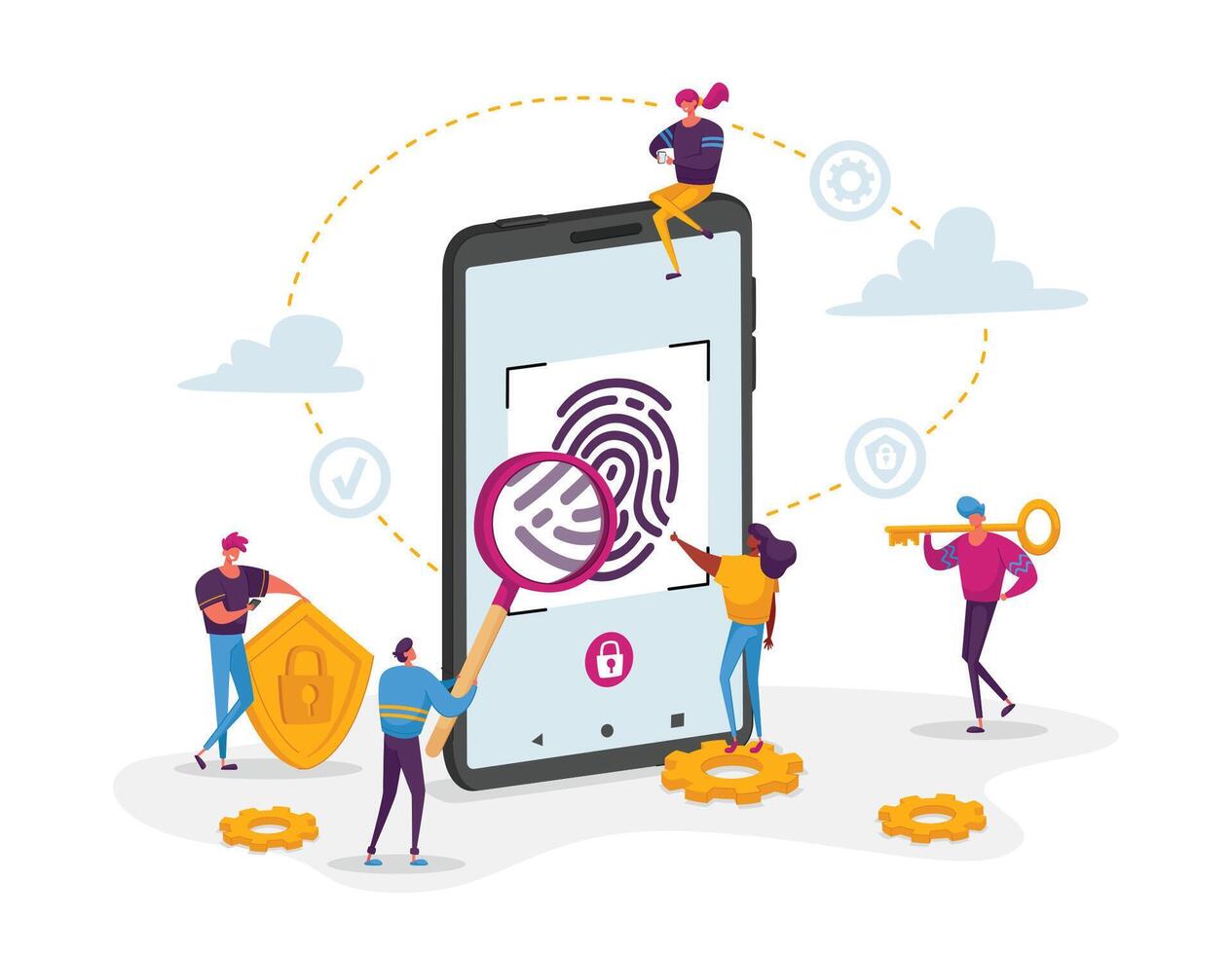 Cyber Security, Futuristic Technologies Concept. Fingerprint Scanning Smartphone Access Lock. Tiny Characters around Huge Mobile Phone with Finger Scan Biometric Id. Cartoon People Illustration vector