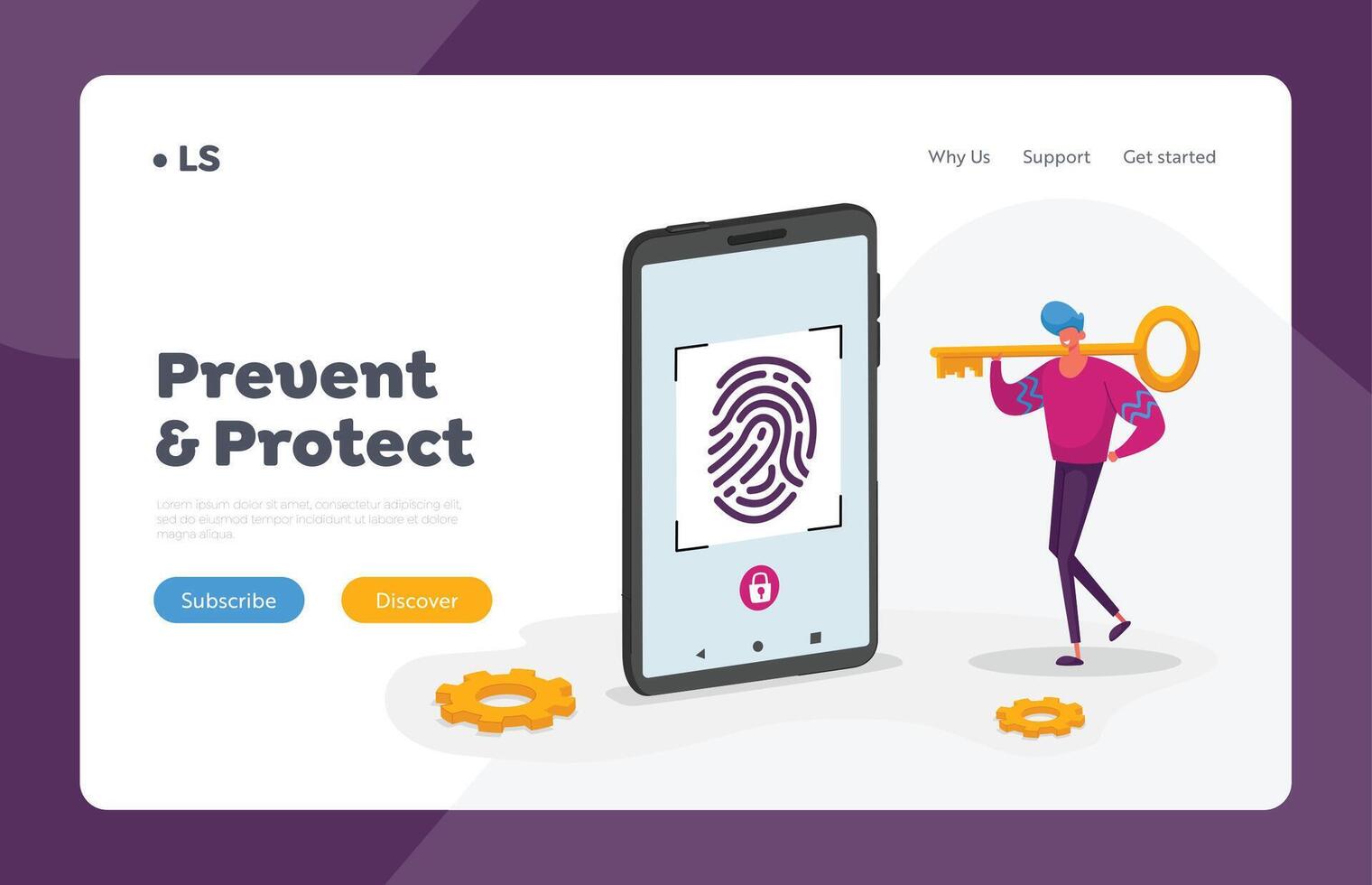 Identification of Person Landing Page Template. Finger Print Scan, Authorization in Security System. Fingerprint Scanning at Smartphone Screen. Man Character Hold Huge Key. Cartoon Illustration vector