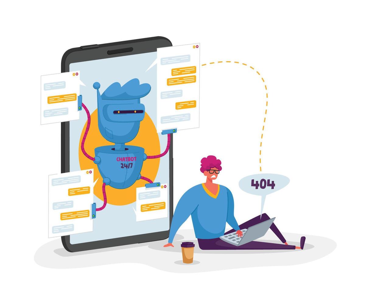 Client Character with 404 Error on Laptop Chatting with Ai Robot Chatbot. Faq Customer Support, Answer and Online Chat Bot Consultation. Innovation Artificial Intelligence. Cartoon Illustration vector